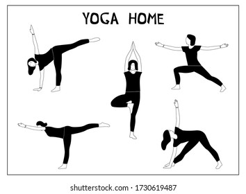 Vector set with woman doing yoga at home. Illustration with Mount Pose, Tadasana; Virabhadasana, Warrior Pose; Half moon pose, Ardhachandrasana; Trikonasana, Triangle Pose. 