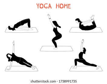 Vector set with woman doing yoga at home. Illustration with different yoga pose.