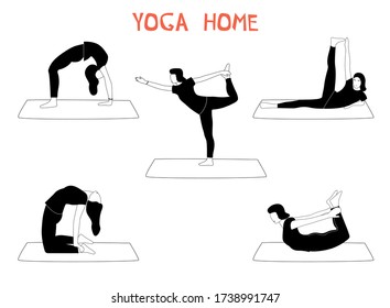 Vector set with woman doing yoga at home. Illustration with different yoga pose.