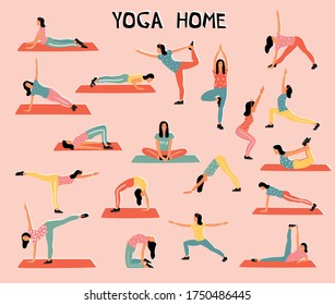 Vector set with woman doing yoga at home. Illustration with different yoga pose. Cartoon characters can be used for sport design.