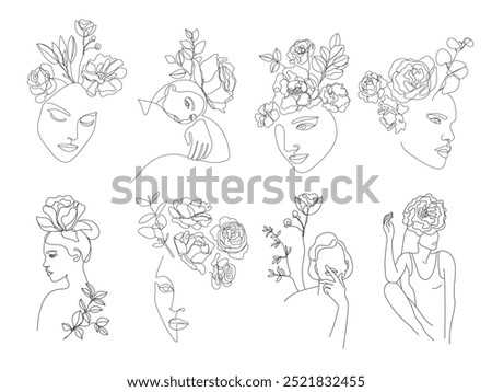 Vector set of woman face art, continuous line feminine illustrations with flowers. Beauty girl portrait sketches, linear hand drawn silhouettes.
