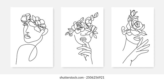 Vector Set of Woman Face with Flowers in a Minimalistic Linear Style. Floral Creative Design Templates with Various Female Portrait with Flowers. Design for Wall Art, Cosmetic, Beauty, Jewelry Store