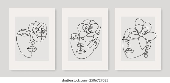 Vector Set of Woman Face with Flowers in a Minimalistic Linear Style. Floral Creative Design Templates with Various Female Portrait with Flowers. Design for Wall Art, Cosmetic, Beauty, Jewelry Store