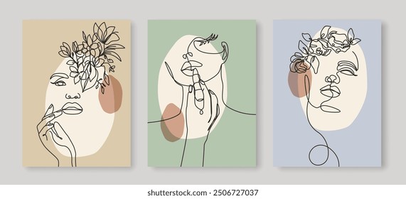 Vector Set of Woman Face with Flowers in a Minimalistic Linear Style. Floral Creative Design Templates with Various Female Portrait with Flowers. Design for Wall Art, Cosmetic, Beauty, Jewelry Store