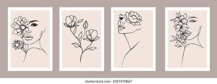 Vector Set of Woman Face with Flowers in a Minimalistic Linear Style. Floral Creative Design Templates with Various Female Portrait with Flowers. Design for Wall Art, Cosmetic, Beauty, Jewelry Store