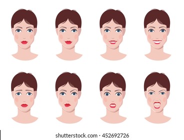 Vector set of woman faces with different emotions, happy, calm, sad, angry, surprised faces