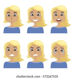 Vector set with woman faces with different emotions
