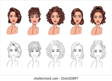 Vector set of woman haircuts in trendy colors, front view