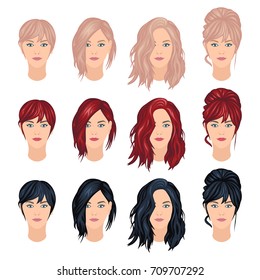 Vector set of woman haircuts in trendy colors, front view