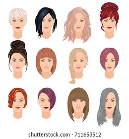 Vector set of woman haircuts in trendy colors, front view