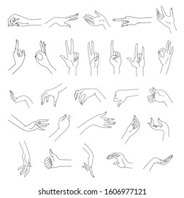 Vector set of woman hand gestures. Line black and white isolated illustration 