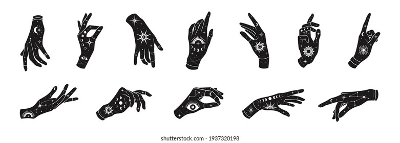 Vector set of woman hands with mystical magic symbols-eyes, sun, phrases of moon, stars, jewels. Spiritual occultism objects, templates for logo design.