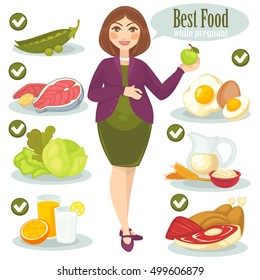 Vector set with woman and health food for pregnant. Pregnancy diet for healthy baby and mother. Cartoon nutrition illustration: meat and vegetable, milk and egg, fruits and fish. Infographic elements.