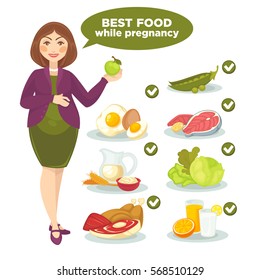 Vector Set With Woman And Health Food For Pregnant. Pregnancy Diet For Healthy Baby And Mother. Cartoon Nutrition Illustration: Meat And Vegetable, Milk And Egg, Fruits And Fish. Infographic Elements.