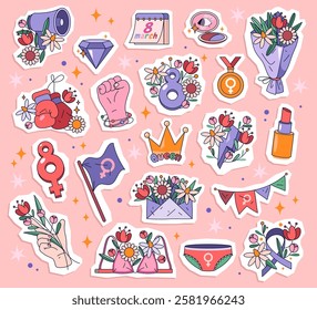 Vector set of woman icon. 8 march holiday cartoon cliparts. Women holiday floral decoration. Bra and female pants, gloves and diamond, medal and crown, hand and lipstick, flowers. Feminine and female.