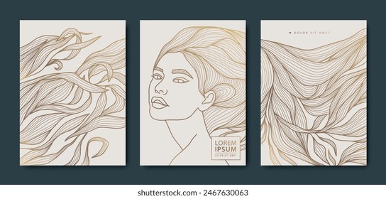 Vector set of woman line art covers, beauty design portrait with long hair and leaves. Lady fashion illustration, Japanese style pattern.