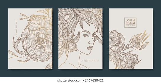 Vector set of woman line art covers, beauty design portrait with flowers. Lady fashion illustration, Japanese style pattern.