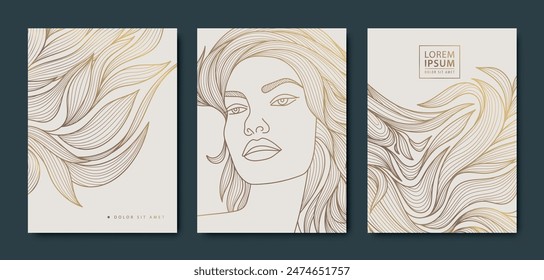 Vector set of woman line art covers, golden beauty design portrait with leaves. Lady fashion illustration, Japanese style pattern