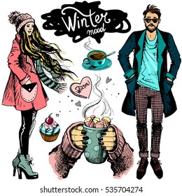 Vector Set With Woman And Men And Objects With Winter Mood. Winter Fashion Sketch. 
Illustration In Hand Drawn Style. Hands Holding A Cup Of Cocoa, Cup Of Tea And A Cupcake.