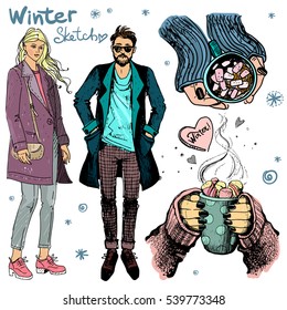 Vector set with woman and men and objects with winter mood. Winter fashion sketch. 
Illustration in hand drawn style. Hands holding a cup of cocoa, cup of tea and a cupcake.
