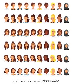 Vector set of woman multicultural avatar with different emotions. Female portrait.