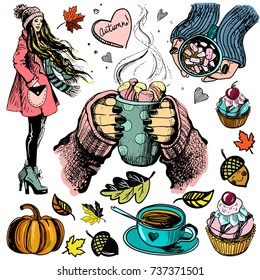 Vector set with woman and objects with autumn mood. Winter or autumn fashion sketch. 
Illustration in hand drawn style. 