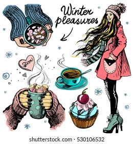 Vector set with woman and objects with winter mood. Winter fashion sketch. 
Illustration in hand drawn style. 