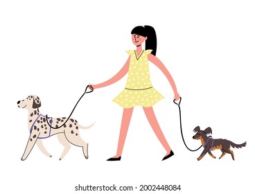 Vector set of woman owner training and walking with dog