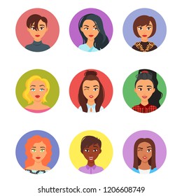 Vector set of woman round avatar with different hairstyles and clothes. Male and Female portrait.