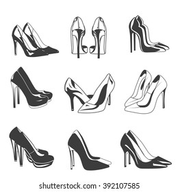 Vector set of woman shoes on heels. Fashion objects illustration isolated on white background. Woman clothes and shoes.