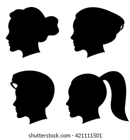 Vector set of woman silhouette with different hair styles.