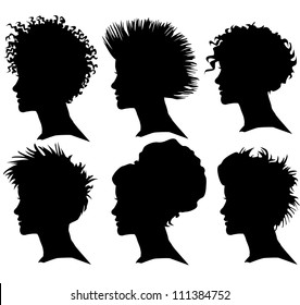 vector set of woman silhouette with extreme hair styling