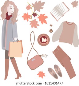 Vector set of woman's casual clothes and accessories. girl walking holding shopping bag in autumn warm outfits. Fall season.