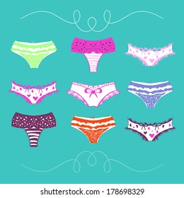 Vector set of woman's colorful panties isolated on the green background. Fashion collection with various types of underclothing. String, tanga, bikini. Hand drawn design trending illustration. Eps 10