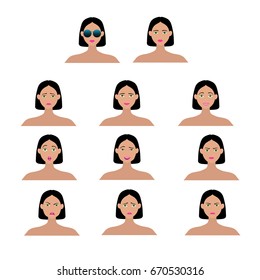 a vector set of woman's emotions; human facial expression; a girl avatar; a female portrait; cartoon illustration in flat design style
