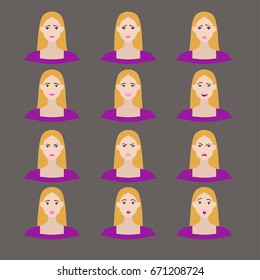a vector set of woman's emotions; human facial expression; a girl avatar; a female portrait; cartoon illustration in flat design style