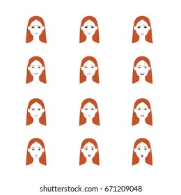 a vector set of woman's emotions; human facial expression; a girl avatar; a female portrait; cartoon illustration in flat design style