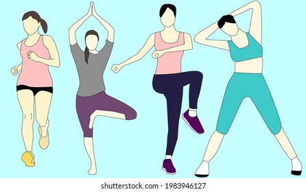 Vector Set. womans exercising on blue background.