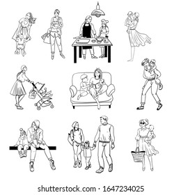 Vector set of woman`s life. Different situations oflife with a child, in family, in relationship 