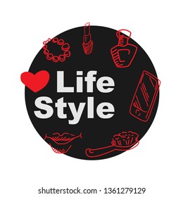 Vector set of woman's stuff. Red line icons on black round. Design elements for fashion blog