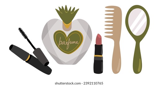 Vector set of women accessories isolated on white background. Mascara, parfume, lipstick, hairbrush, mirror.