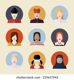 Vector set  of women avatars  different nationalities in flat style