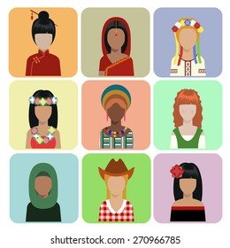 Vector set of women avatars different nationalities in flat style