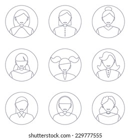 Vector set of women avatars with various hair style. Line design. 