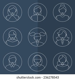 Vector set of women avatars with various hair style. Line design.