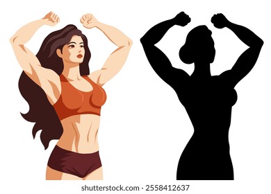 Vector set of women bodybuilder in retro style and black silhouette Collection of strong muscular women. Female power. Postcard with a sporty women 