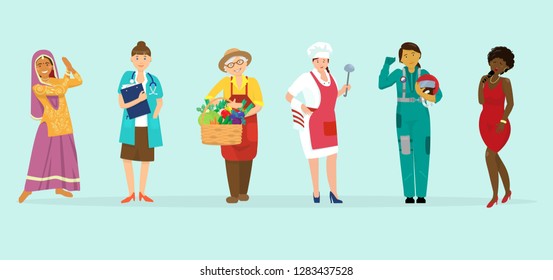 Vector set of women of different races and professions. Dancer, doctor, gardener, chef, aviator, singer.