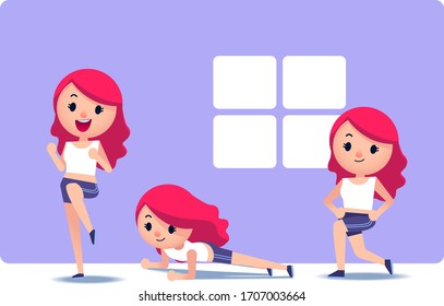 Vector set of women doing the different actions of exercise, fitness, workout  