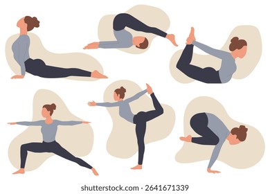 Vector set of women doing yoga poses. Flat style illustration for fitness, wellness, health apps, posters and social media. Modern faceless character design.