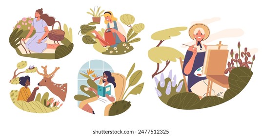 Vector Set Of Women Enjoying Relaxed Country Life Engaging In Various Hobbies And Nature Activities, Gardening, Painting